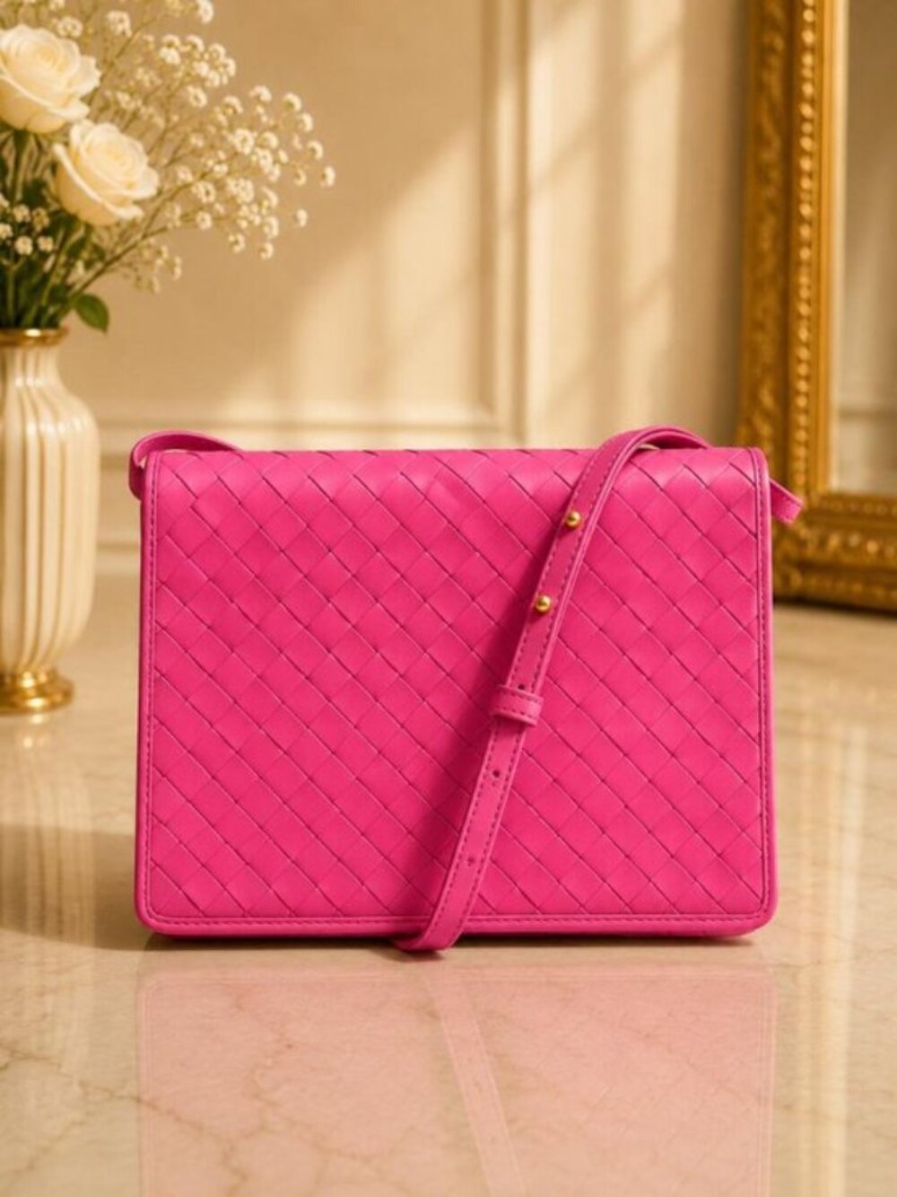 Authentic Bottega Veneta Intrecciato Pink Leather Crossbody Shoulder Bag